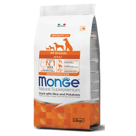 MONGE Natural Superpremium Monoprotein, XS-XL, Eend en Rijst, Droogvoer voor honden, 2,5 kg