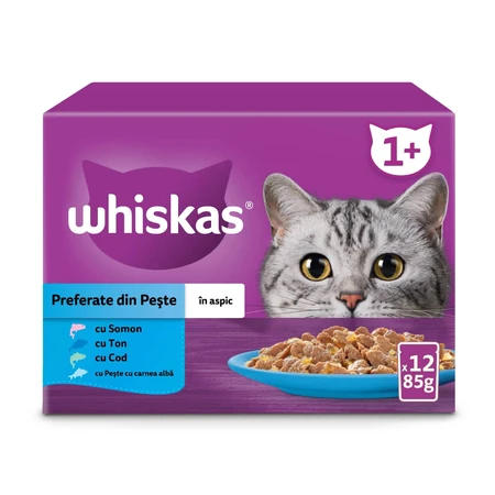 WHISKAS Selections, Pesce, Alimento umido per gatti in bustine (in gelatina), confezione multipla, 85 g x 12