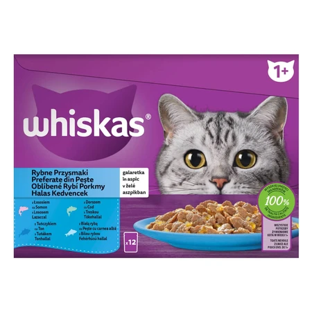WHISKAS Selections, Pesce, Alimento umido per gatti in bustine (in gelatina), confezione multipla, 85 g x 12