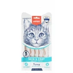 WANPY Skin & Coat Creamy Treats, Ton și Somon, punguță recompense funcționale pisici, piele & blană, (piure), 70g