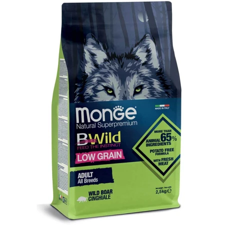 MONGE BWild, XS–XL, dzik, sucha karma dla psów o niskiej zawartości ziarna, 2,5 kg: ceny i cechy