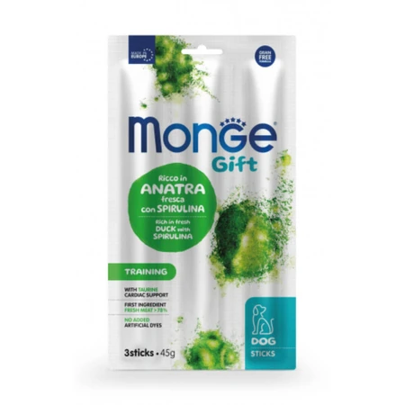 MONGE – zestaw szkoleniowy w postaci pałeczek ze spiruliną, rozmiary XS–XL, smak kaczki i spiruliny, bezzbożowe funkcjonalne przysmaki dla psów, 45 g: ceny i cechy