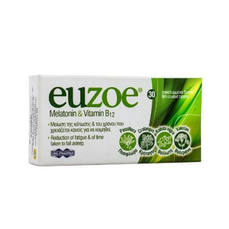 UNI-PHARMA Euzoe Melatonin & Vitamin B12 30 Tabletten – Nahrungsergänzungsmittel, die helfen, Müdigkeit zu verringern
