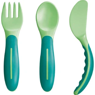 Mam | Babybesteck | Gabel-, Löffel- und Messerset ab 6 Monaten, grün | 3-teiliges Set