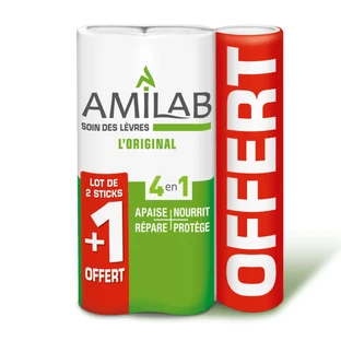 AMILAB CUIDADO DE LOS LABIOS: EL ORIGINAL 4 EN 1 - 2 BARRAS + 1 GRATIS