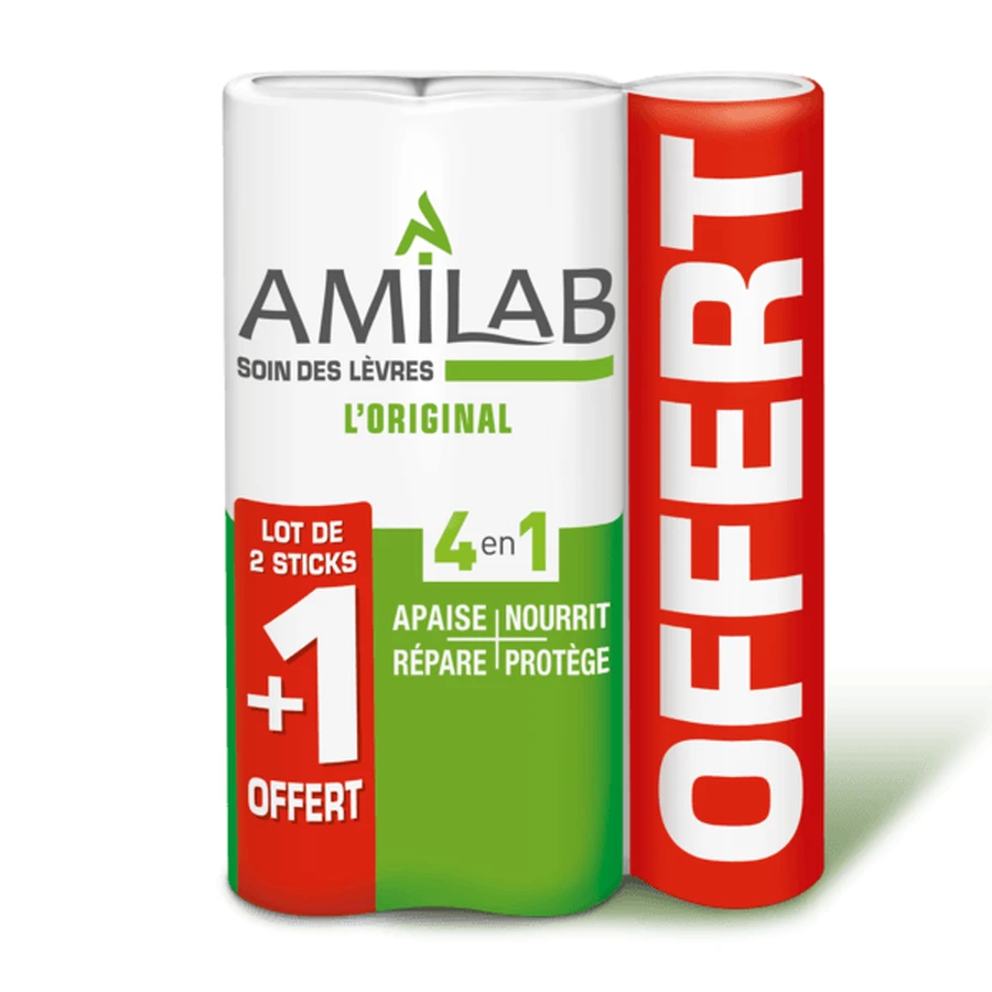 AMILAB CUIDADO DE LOS LABIOS: EL ORIGINAL 4 EN 1 - 2 BARRAS + 1 GRATIS