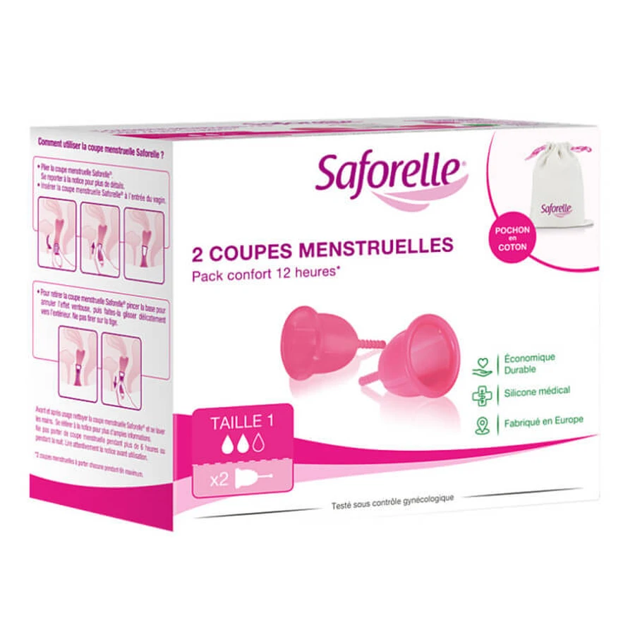 SAFORELLE 2 MENSTRUAL CUPS, SIZE 1