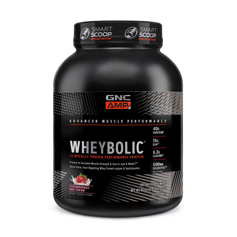 Gnc Amp Wheybolic, protéines de lactosérum, aromatisées à la fraise et à la crème fouettée, 1350 g