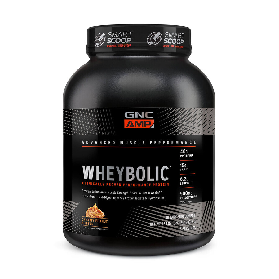 Gnc Amp Wheybolic, protéines de lactosérum, aromatisées au beurre de cacahuète, 1307.5 g