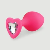 Anal Collection Silicone Medium Butt Plug with Heart-Shaped Jewel - Pink/Transparent