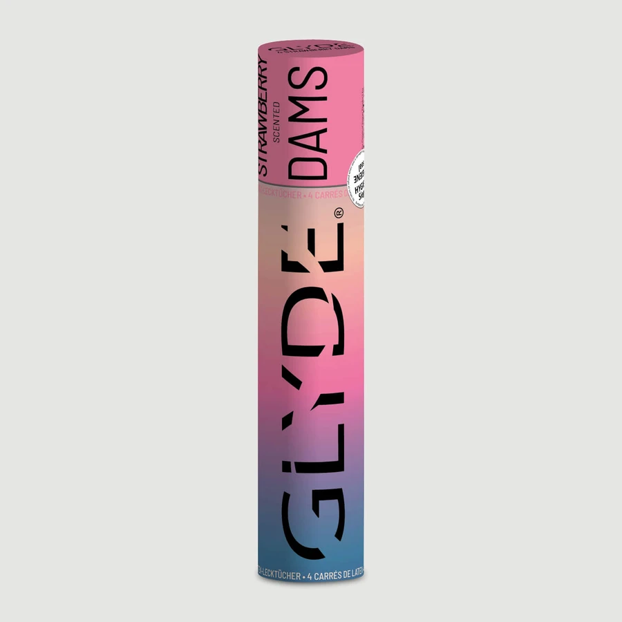 Glyde Dams - Bariere din latex pentru sex oral, cu aromă de căpșuni - 4 bucăți