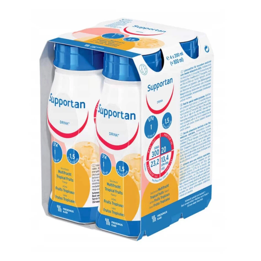 Supportan Nutritional Drink with Tropical Fruit Flavor, 12 x 200 ml, Fresenius Kabi