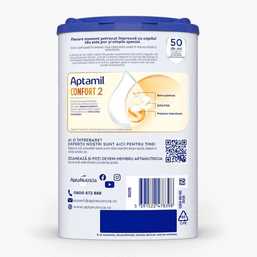 Lapte praf Aptamil Confort 2, 6-12 luni, 4x800 g, Nutricia