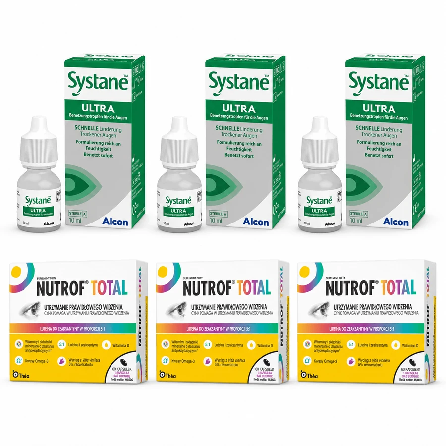 Zestaw Nutrof Total, 180 kapsułek + Systane Ultra 30 ml: ceny i cechy