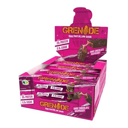 Grenade High Protein, Low Sugar Bar Dark Chocolate Raspberry, Barre protéinée aromatisée au chocolat noir et à la framboise, 60g