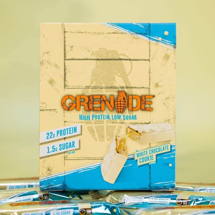 Grenade High Protein, Low Sugar Bar White Chocolate Cookie, White Chocolate Cookie Flavored Protein Bar, 60 G