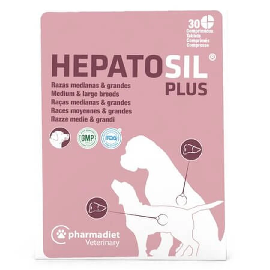 Supplement voor een gezonde lever bij grote en middelgrote hondenrassen: Hepatosil Plus, 30 tabletten, Pharmadiet