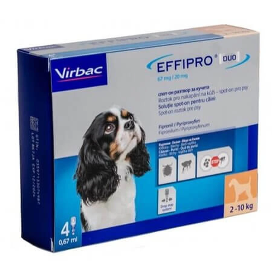 Effipro Duo vlooien- en tekenbehandeling voor honden, S (2–10 kg), 4 pipetten, Virbac