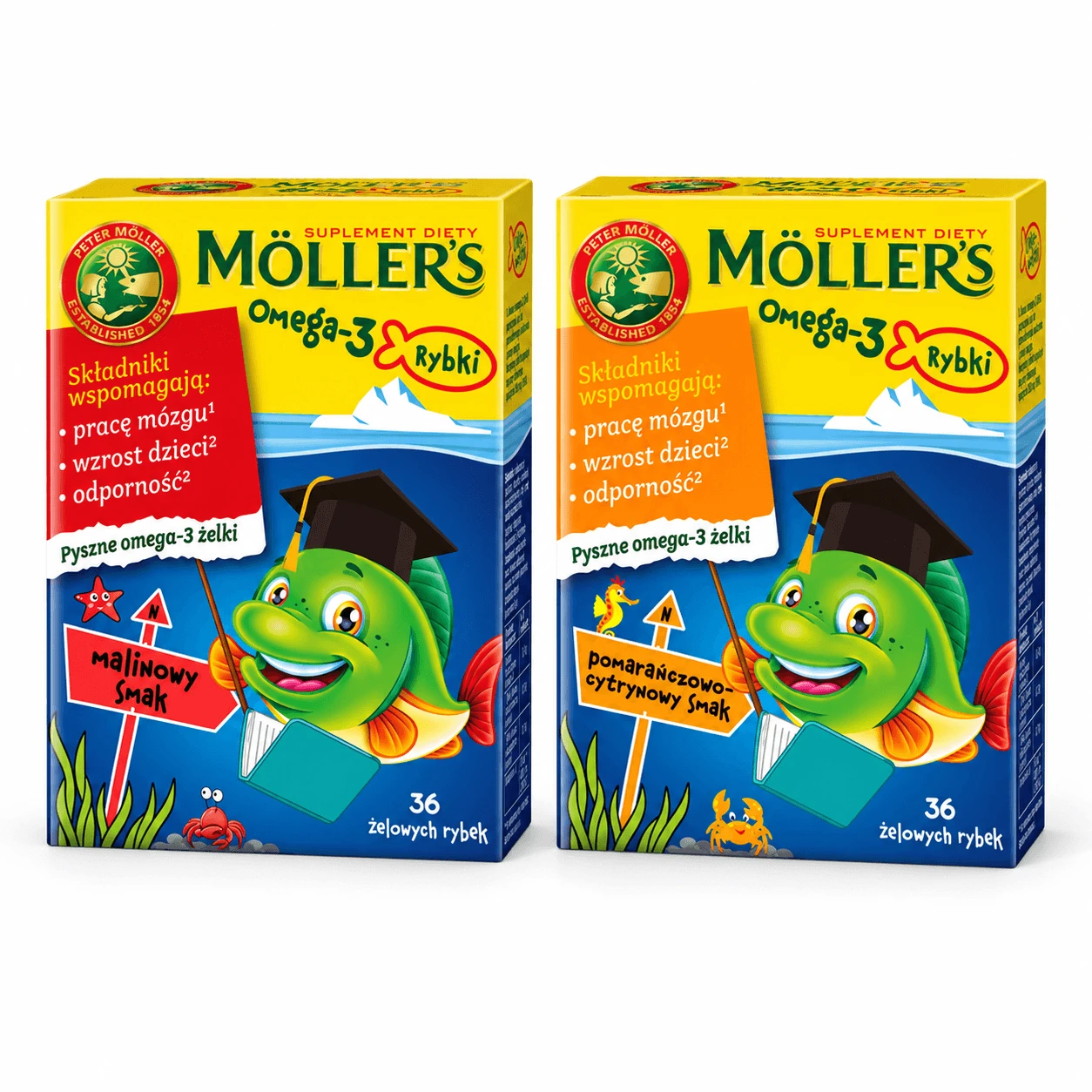 Omega-3-vissticks met frambozensmaak, 36 stuks + citroen- en sinaasappelsmaak, 36 stuks, Mollers