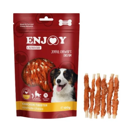 ENJOY Carnivore Twister – gryzaki ze skóry surowej, rozmiary XS–XL, o smaku kurczaka, opakowanie z przysmakami dla psów, 100 g: ceny i cechy