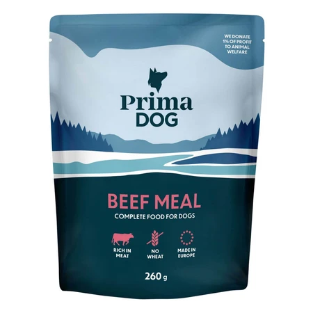PRIMA DOG Mahlzeit, XS–XL, Rind, Nassfutter für Hunde in Beuteln (in Aspik), Karton, 260 g x 12