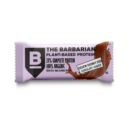 Barre protéinée bio enveloppée de chocolat avec noix de cajou, noix de coco et chia, 68 gr, The Barbarian