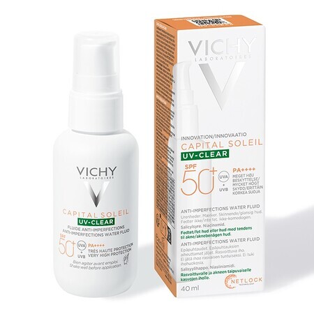 Vichy Capital Soleil UV Clear Sun Protection Fluid, pour les peaux grasses à tendance acnéique SPF 50 + , 40 ml