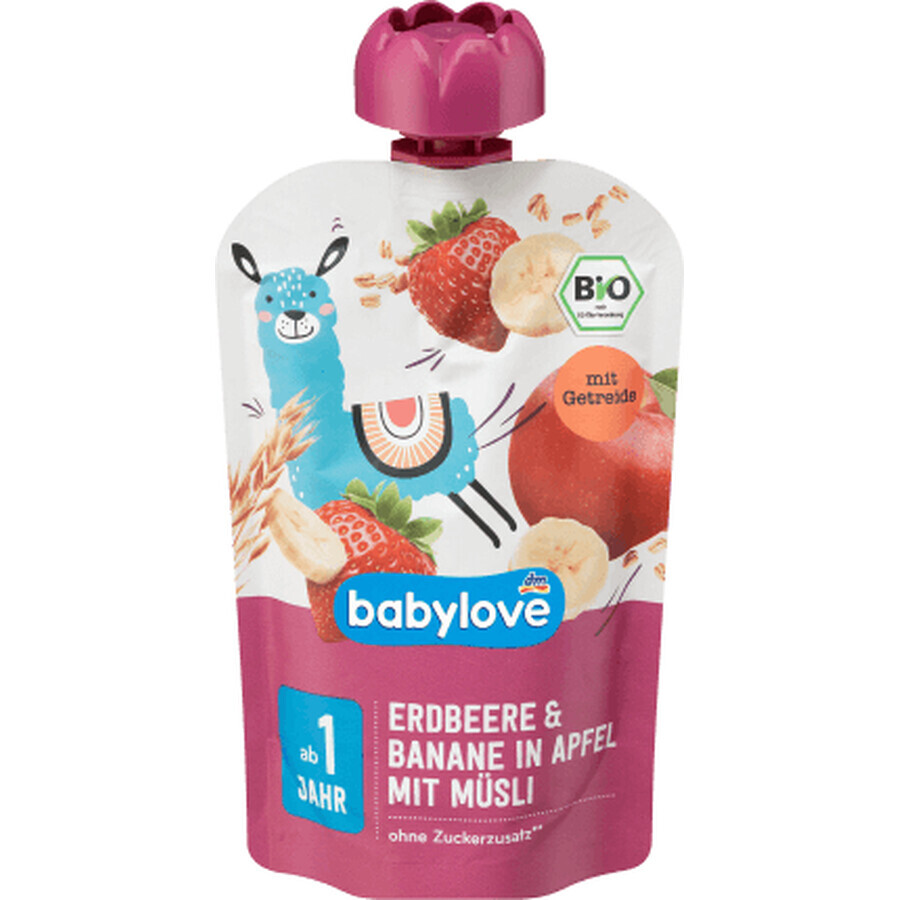 Babylove Sachets de fraises à la banane et aux céréales ECO, 1+, 100 g