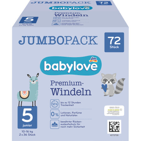 Babylove Pañales jumbo Premium número 5, 72 unidades