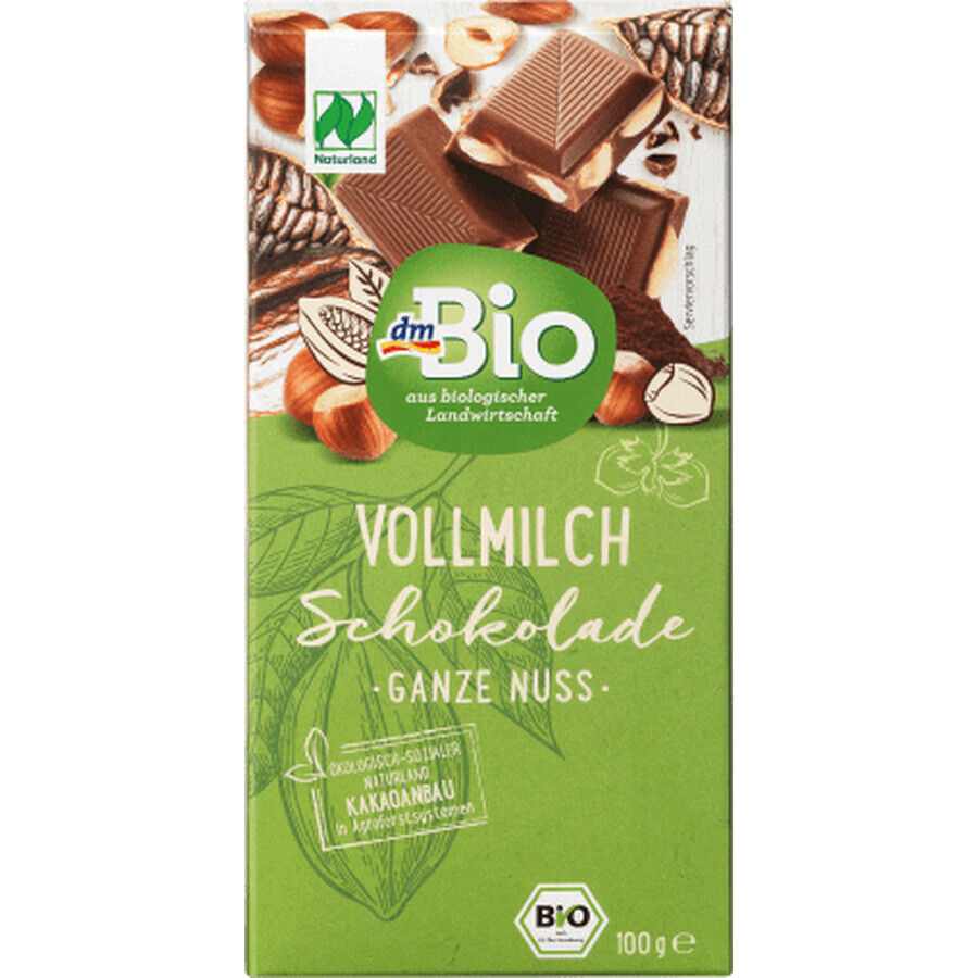 DmBio Cioccolato al latte e nocciole, 100 g