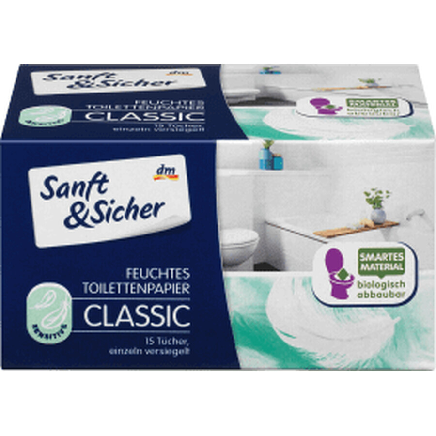 Papier hygiénique humide Sanft&Sicher Classic Sensitive, 15 pièces