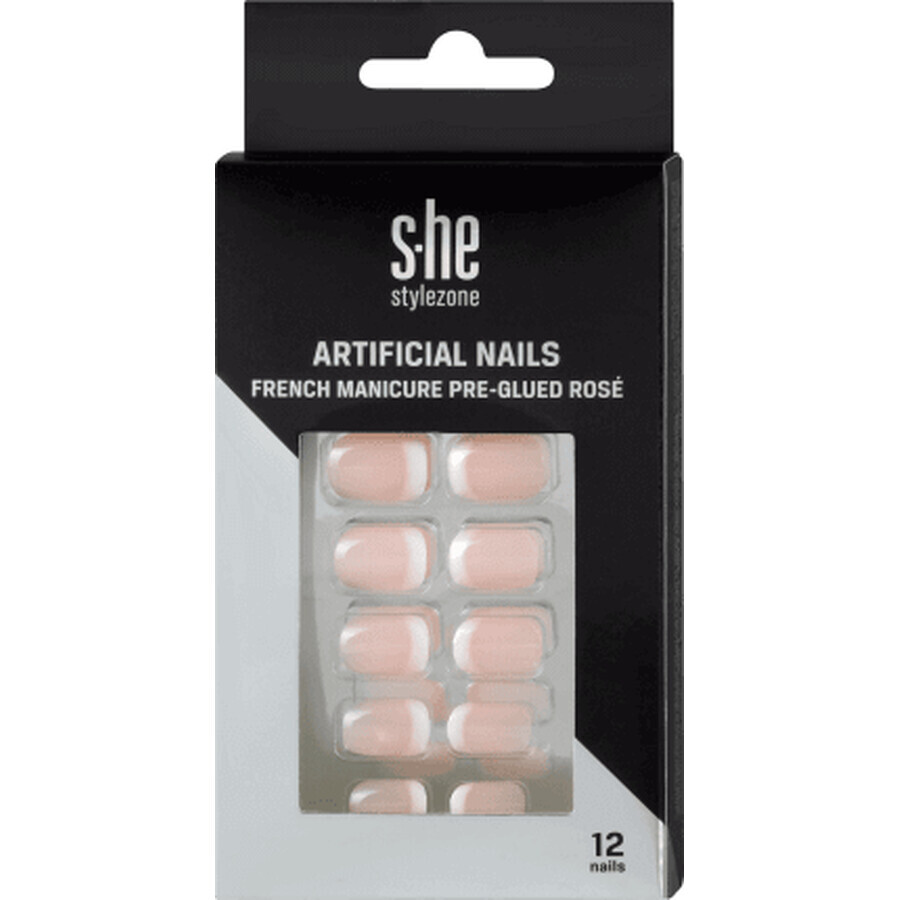 S-he kleur&amp;stijl Kunstnagels french rose met aangebrachte lijm, 1 Set